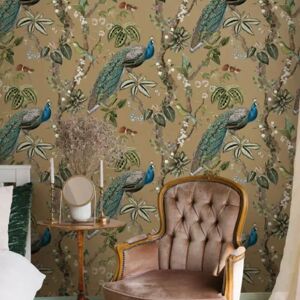 Holden - Gold Peacock Woods Wallpaper Metallic Effect Floral Mulit Birds Feature Wall Holden - Gold Peacock Woods Wallpaper Metallic Effect Floral Mulit Birds Feature Wall