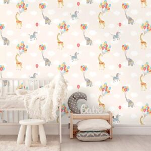 Holden - Kids Animal Balloons Wallpaper Zebras Elephants Giraffe Clouds Red Blue Cream Holden - Kids Animal Balloons Wallpaper Zebras Elephants Giraffe Clouds Red Blue Cream