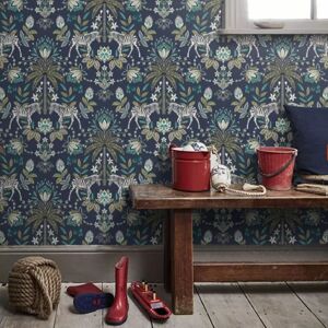 Holden - Navy Animal Print Wallpaper Blue Silver Metallic Shimmer Floral Zebra Palm Trees Holden - Navy Animal Print Wallpaper Blue Silver Metallic Shimmer Floral Zebra Palm Trees