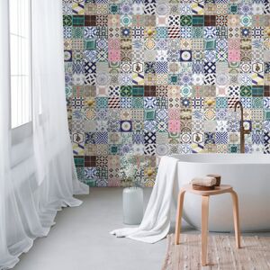 Profhome - Photo wallpaper 398361 hot embossed non-woven wallpaper smooth with tile pattern matt blue green pink grey 1.59 m x 2.8 m Profhome - Photo wallpaper 398361 hot embossed non-woven wallpaper smooth with tile pattern matt blue green pink grey 1.59 m x 2.8 m