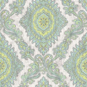 Wallquest - Villa Rosa Damask Green Wallpaper Floral Classic Acrylic Coated Wallquest - Villa Rosa Damask Green Wallpaper Floral Classic Acrylic Coated