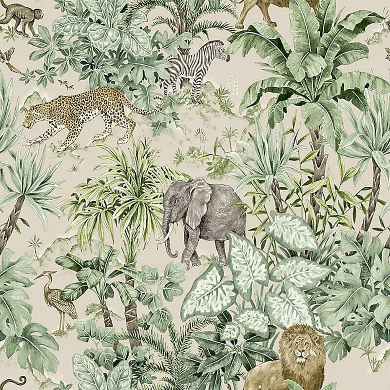 Grandeco - Safari Green Wallpaper Animal Print Tropical Jungle Lion Zebra Elephant