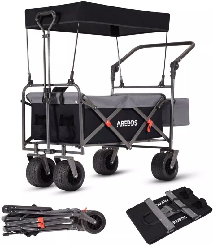 Arebos - Luxury outdoor utility wagon with canopy Folding Stroller cart trolley black/grey - Black/Grey