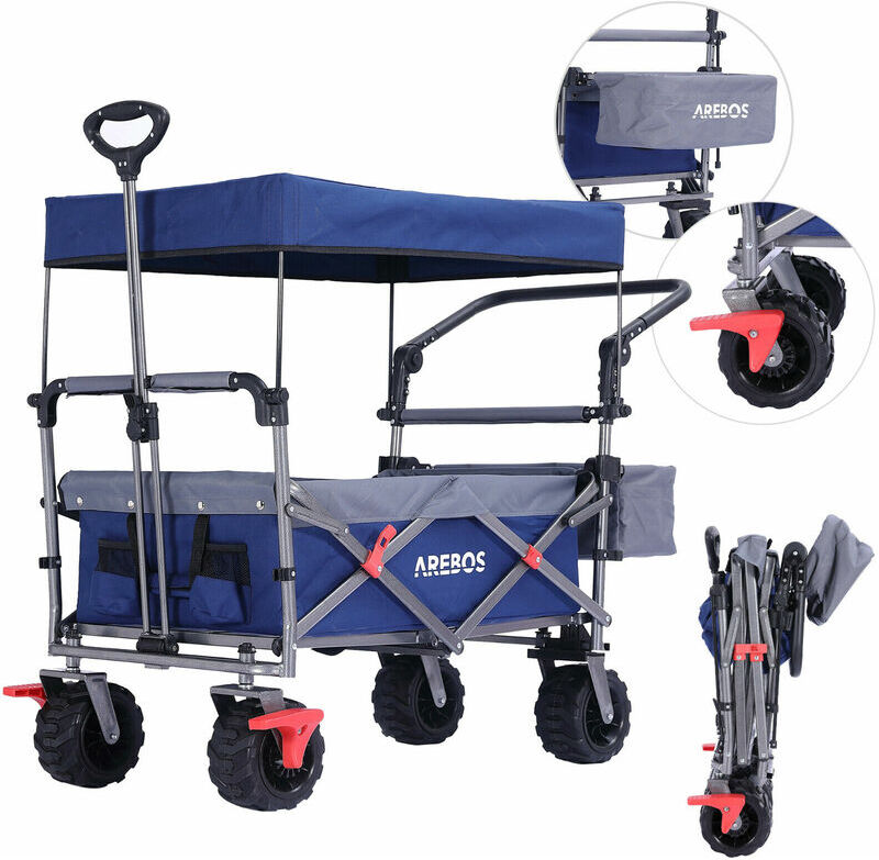 Arebos - Luxury outdoor utility wagon with canopy Folding Stroller cart trolley blue/gray - blue