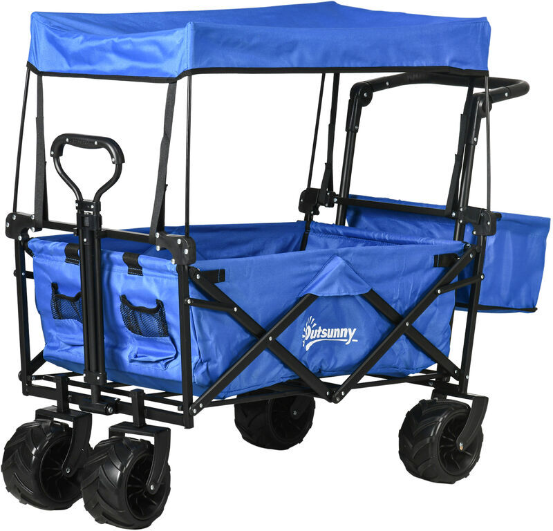 Outsunny Outdoor Push Pull Wagon Stroller Cart w/ Canopy Top Blue - Blue