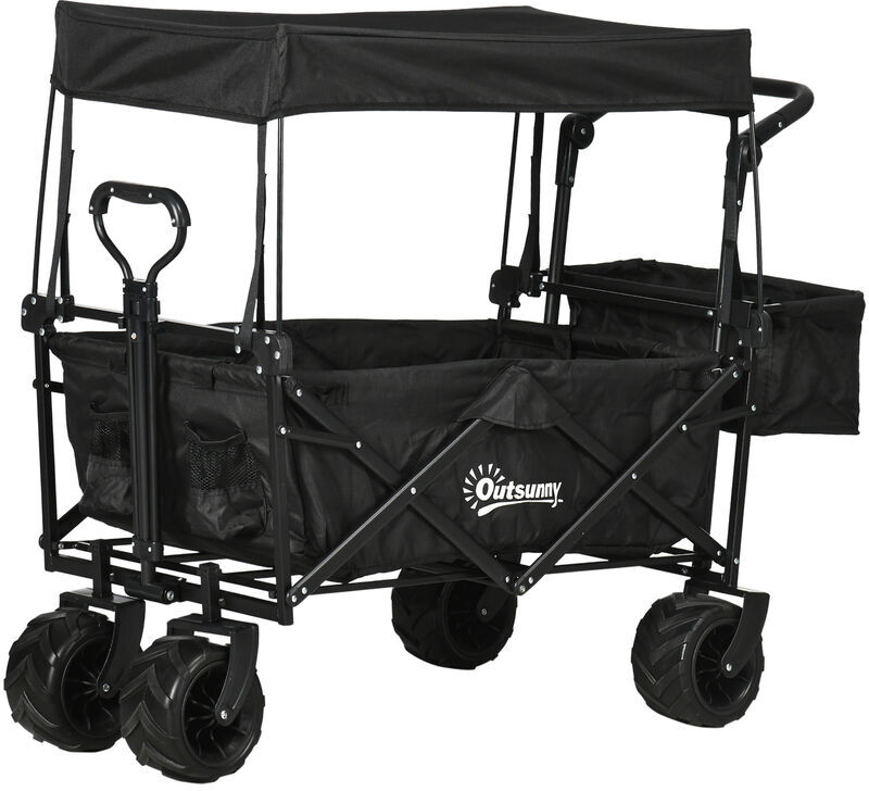 Outsunny Outdoor Push Pull Wagon Stroller Cart w/ Canopy Top Black - Black