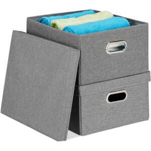 Storage Boxes Set of 2, Foldable Organisation Container with Lid, 25 l each, HxWxD: 20.5 x 34.5 x 42 cm, Grey - Relaxdays