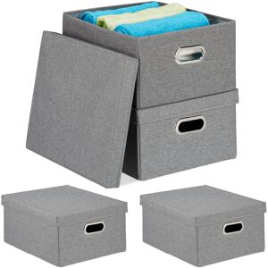 Storage Box Set of 4, Foldable Organisation Container with Lid, 25 l each, HxWxD: 20.5 x 34.5 x 42 cm, Grey - Relaxdays