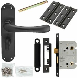 Loops - Door Handle & Bathroom Lock Pack Matt Black Smooth Round Lever Turn Backplate