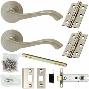 LOOPS Door Handle & Latch Pack Satin Chrome Curved Scroll Lever Screwless Round Rose