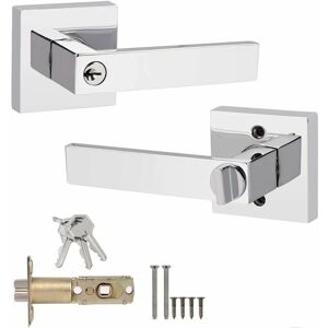 Hoopzi - Door Lever with Keys Stainless Steel Bedroom Door Knob Lock External Door Handle Polished Chrome