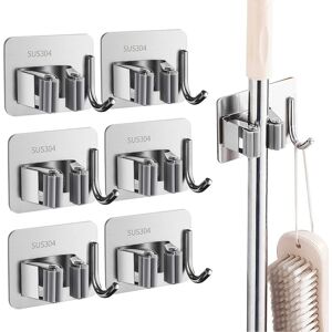 6 x Adhesive Broom Hanger Mop Holder Adhesive Hooks for Wall Stainless Steel for Bathroom Garage Garden - Grey - Norcks