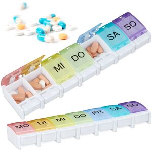 2x Pill Boxes, Compartments for 7 Days, Weekly Medication Container, HxWxD: 2.5 x 22.5 x 5.5 cm, Colourful - Relaxdays