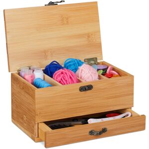 Bamboo Sewing Box, 4 Compartments & Drawer, Lidded, Antique Handle Look, Empty, Natural - Relaxdays