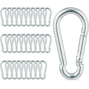 Relaxdays - Carabiner, Set of 30, Heavy Duty Clips, with Snap Lock, Key Ring, Camping, 5 cm, Iron, Snap Hook, Silver