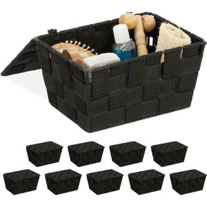 Set of 10 Relaxdays Lidded Storage Baskets with Lid, Bathroom Storage, pp, HxWxD: 10.5 x 19.5 x 14.5 cm, Black