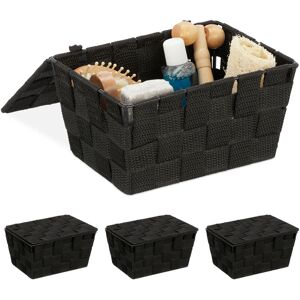 Set of 4 Relaxdays Lidded Storage Baskets with Lid, Bathroom Storage, pp, HxWxD: 10.5 x 19.5 x 14.5 cm, Black