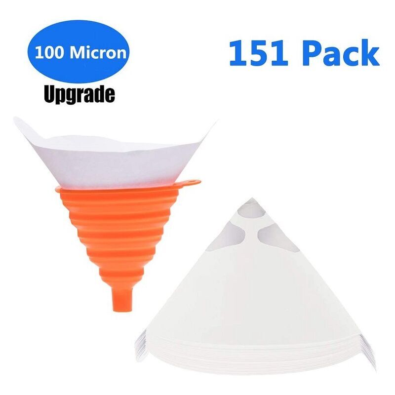GROOFOO 150 Pack Disposable Paint Filter, Paint Filter Paper with Collapsible Silicone Funnel for Automotive Art Craft Hobby Painting Project, 100 Micron