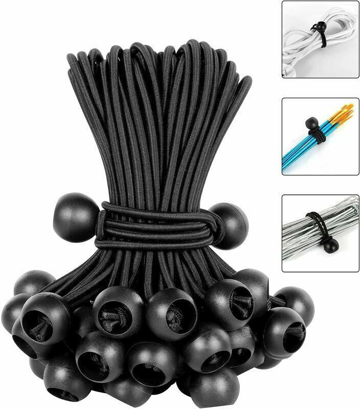 HOOPZI Ball Bungee Cords 8 Inch Elastic Cord with Ball, 50 PCS Heavy Duty Bungee Cord Balls Canopy Tarp Tie Home Depot for Camping, Shelter ,Cargo,Tent