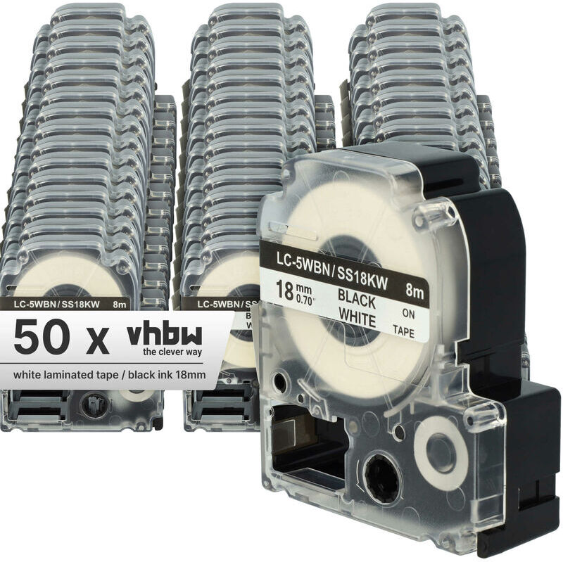 50x Label Tape compatible with Epson LabelWorks LW-700, LW-900P, OK500P, OK720, OK200, OK300 Label Printer 18 mm, Black on White - Vhbw