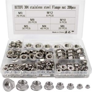 LONGZIMING 200pcs Hex Lock Nuts Flange Nut Flange Nuts 304 Stainless Steel M3 M4 M5 M6 M8 M10 M12 Assortment Kit