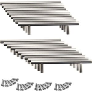 AOUGO 20pcs Stainless Steel Kitchen Furniture Cabinet Door Handle ø 12mm Cabinet Door Bar Handle with Screws Cabinet Handle Drawer Handle T-Handle (96mm