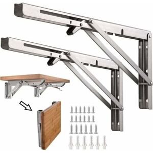Ikodm - 2PCS Folding Brackets - 8 Inch - Stainless Steel Folding Shelf Brackets - Max Load 50KG - Silver