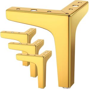 LINGHHANG Gold Set of 4 Furniture Legs Load up to 800 kg, 10cm Leg with 20 Screws and 4 Modern Triangle Shaped Metal Table Leg Protectors, Hairpin Furniture