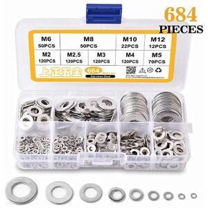 MEMKEY 684pcs Flat Washers, Stainless Steel Washer Assortment, Metal Flat Lock Washers, 9 Sizes for Plumbing, Factories, Repairs - M2 M2.5 M3 M4 M5 M6 M8