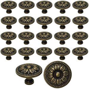 Lune - moon 20pcs Vintage Cupboard Door Drawer Knobs 35mm Flower Design Brass Kitchen Cabinet Handles, For Dresser and Furniture Cupboard, Antique