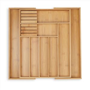 Relaxdays - Cutlery Tray, Extendable, 7-9 Compartments, 2 Knife Blocks, 5.5x45x44.5 cm, Drawer Insert, Bamboo, Natural