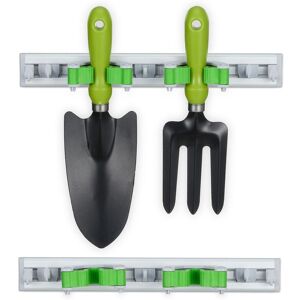 Tool Holder Wall Bracket, Set of 2, Broom Storage with Hooks, 2 Clamps each for Garden Tools, Silver/Green - Relaxdays