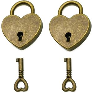 ZVD - Set of 2 Vintage Style Heart Shaped Mini Padlock with Key Antique Bronze
