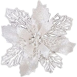 Sollbry - 10 Pack 6.3 Inch Glitter Artificial Poinsettia Flowers, Artificial White Christmas Flowers, Flowers for Christmas Tree, Wreath, Tree