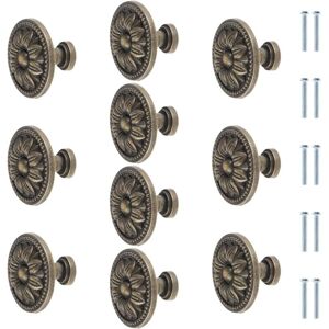 Sollbry 10Pcs Antique Bronze Flower Round Furniture Knobs 35mm Vintage Kitchen Cabinet Drawer Pull Handle Bronze Drawer Pulls
