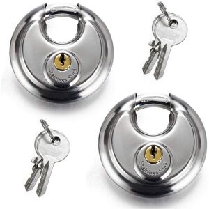 SOLLBRY Pack 70mm Stainless Steel Round Disc Padlock Heavy Duty Rustproof Disc Lock Storage Padlock & Toolbox, Anti-Theft Chain for Warehouse Door 4 Keys