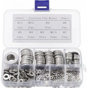 Cyslmuk - Stainless Steel Washer with Storage Box (Pack of 580) - Assortment of 9 Sizes M2, M2.5, M3, M4, M5, M6, M8, M10 & M12 - Metal Washer Set