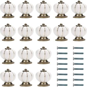 MEMKEY White and Gold Ceramic Cabinet Knob with Pumpkin Shaped Screws (16 Pack) - 1.4' x 1.5' - Round Vintage Furniture Knob - for Home, Office, Kitchen