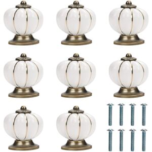 LINGHHANG White and Gold Ceramic Furniture Knob with Pumpkin Shaped Screws (Pack of 8) - 4 x 4 cm - Vintage Round Furniture Knob - For Home, Office, Cabinet