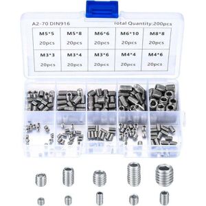 ZVD-200 Pcs Stainless Steel Grub Screws, M3 M4 M5 M6 M8 Machine Screws, Assortment Kit Fasteners Grub Screws
