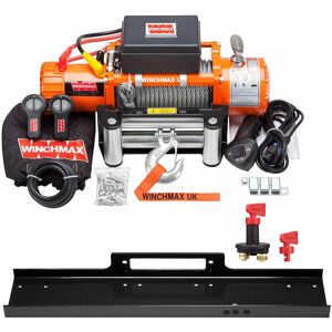 Winchmax - 13,500lb (6,123kg) Original Orange 12v Electric Winch. 26m x 9.5mm Steel Rope, Mounting Plate, Battery Isolator. Winchmax - 13,500lb (6,123kg) Original Orange 12v Electric Winch. 26m x 9.5mm Steel Rope, Mounting Plate, Battery Isolator.