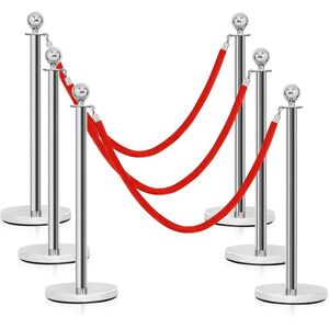 COSTWAY 6Pcs Queue Rope Barrier, Round Top Queue Security Stanchion Set with 150cm Velvet Rope and Stainless Steel Post, Crowd Control Stand Rope COSTWAY 6Pcs Queue Rope Barrier, Round Top Queue Security Stanchion Set with 150cm Velvet Rope and Stainless Steel Post, Crowd Control Stand Rope