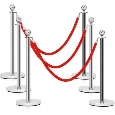 COSTWAY 6Pcs Queue Rope Barrier, Round Top Queue Security Stanchion Set with 150cm Velvet Rope and Stainless Steel Post, Crowd Control Stand Rope COSTWAY 6Pcs Queue Rope Barrier, Round Top Queue Security Stanchion Set with 150cm Velvet Rope and Stainless Steel Post, Crowd Control Stand Rope