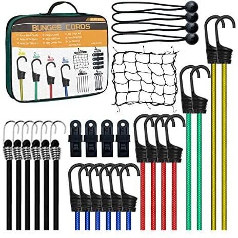COOCHEER 29 Piece Heavy Duty Outdoor Expandable Set - Includes 10", 18", 24", 32", 40" Expandable Straps and 8" Ball Straps, 1 Cargo Net, 4 Tarp Clips
