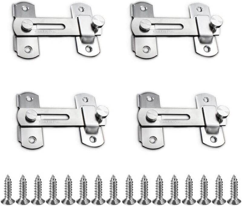 Memkey - Pack of 4 door latches, safety latches, sliding bar, stainless steel door lock for door, cabinet, drawer