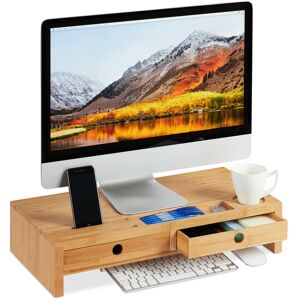 Bamboo Display Stand, Screen Riser with 2 Drawers and Compartments, Desk Organiser, hwd 12x56x27cm, Natural - Relaxdays