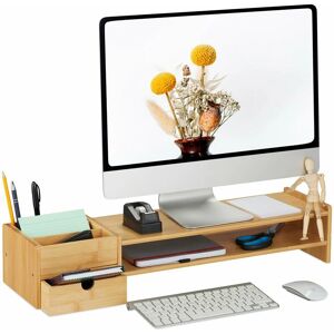 Bamboo Monitor Stand, 5 Compartments, Screen Raiser Desk, hwd: 16 x 57.5 x 25 cm, Work Base, Natural - Relaxdays