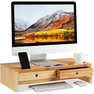 Bamboo pc Monitor Stand, Screen Riser with 2 Drawers & Compartments, Computer Workstation hwd 14 x 60 x 30 cm, Natural - Relaxdays