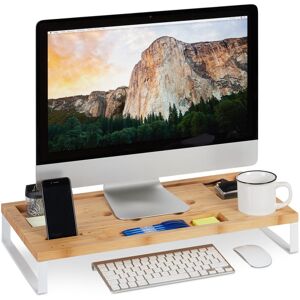 Relaxdays - Display Stand, Bamboo and Iron Screen Riser for Monitor or Laptop, Ergonomic Desk Organiser, White