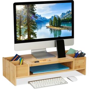 Monitor Stand Bamboo, Screen Raiser with Compartments, hwd 15.5 x 62.5 x 28cm, Display Base Desk, Natural Wood - Relaxdays